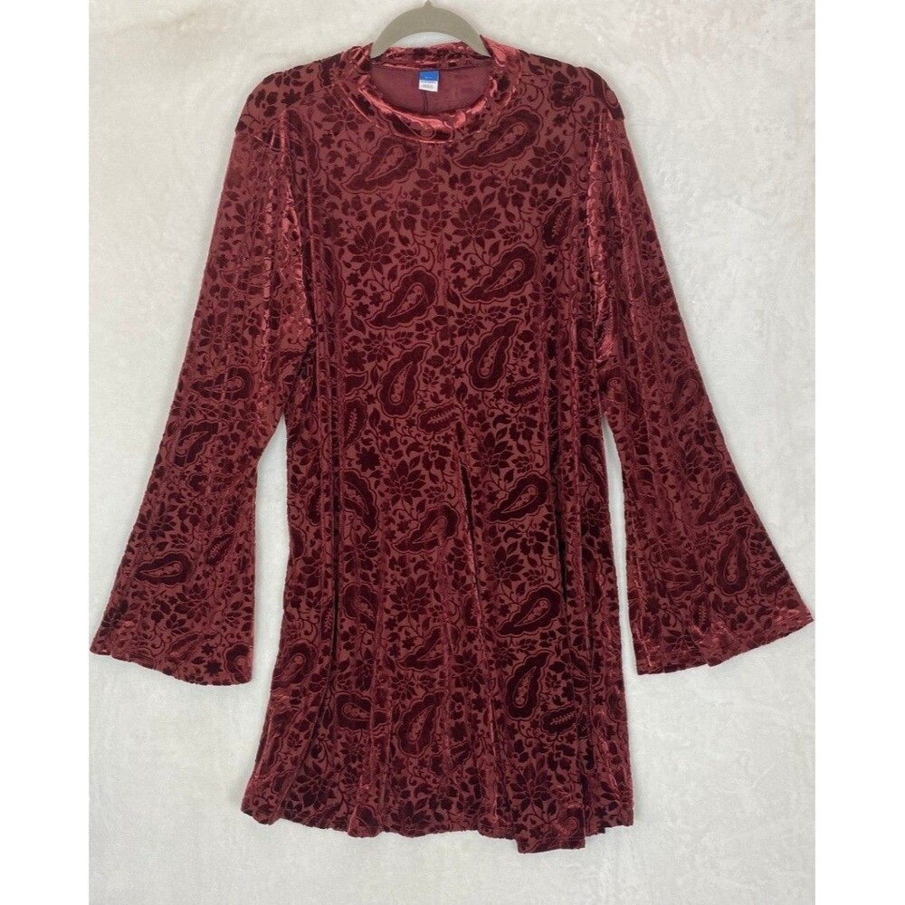 Old Navy Burgundy Paisley Burnout Velvet Mini Dress 2XL Bell Sleeve Mock Neck